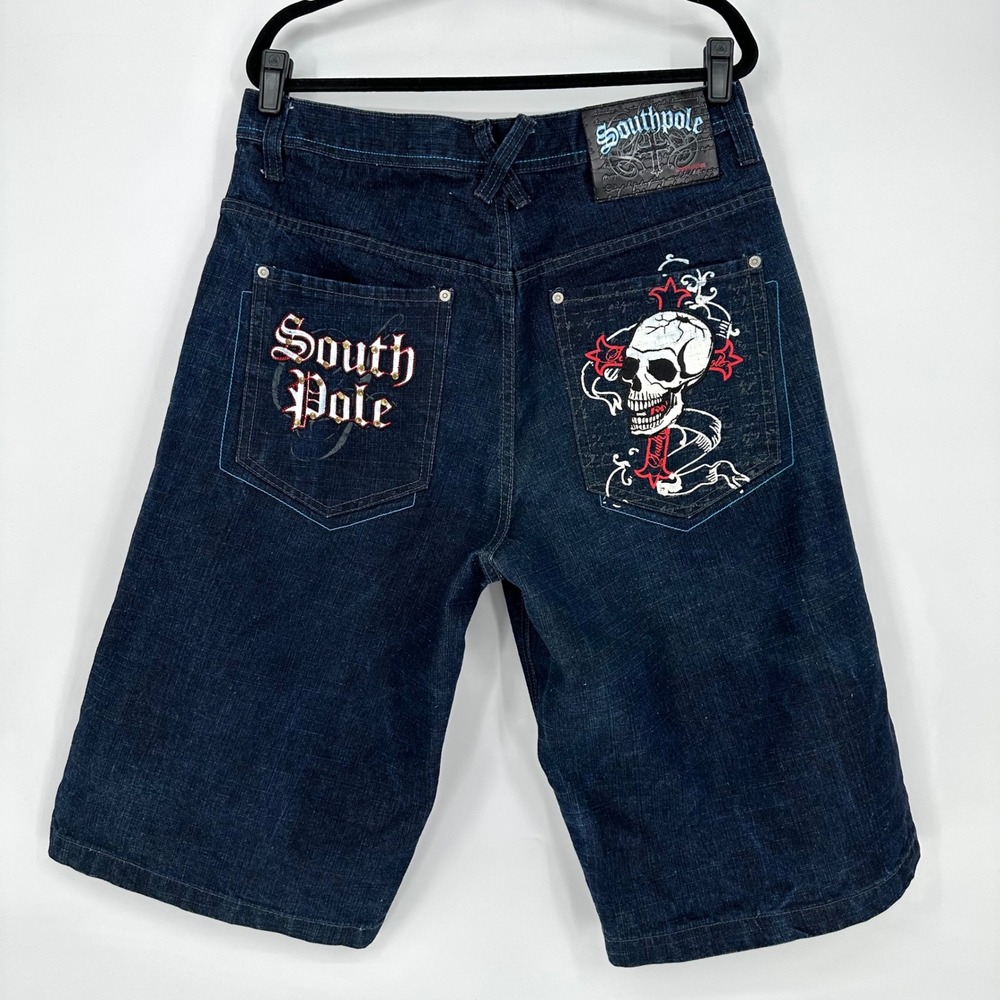 VTG Southpole Skull Cross Embroidered Baggy Skate Denim Jean Jorts Shorts 38 Y2K